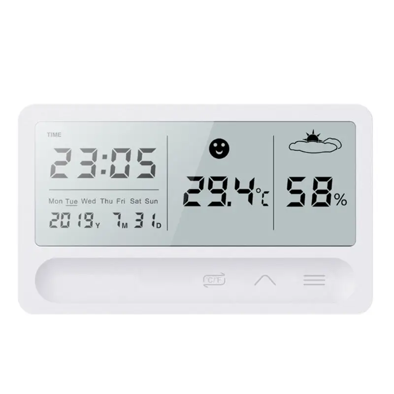 

Digital Touch-Screen Thermometer Hygrometer C/F Clock Calendar Indoor Weather Station Rechargeable