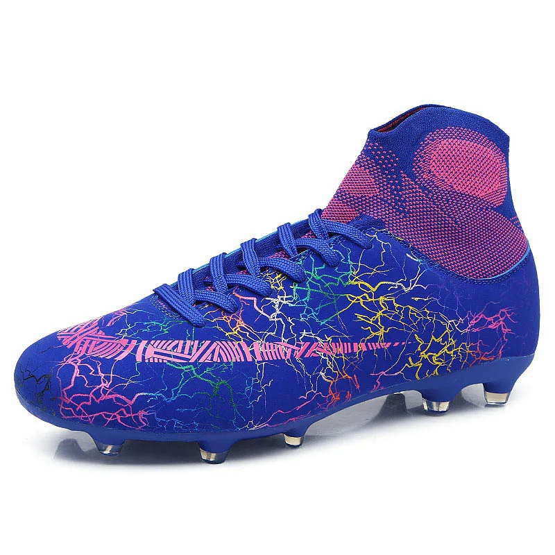 Лидер продаж, Мужская футбольная обувь с бусами, высокие футбольные бутсы, Длинные шипы, уличные футбольные тренировочные ботинки для мужчин и женщин, детская обувь для футбола - Цвет: blue long spikes