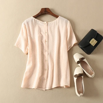 

Short Sleeve Women Silk Back Buttons Pink Top Print Cute Blouse And Shirt Ladies Clothing