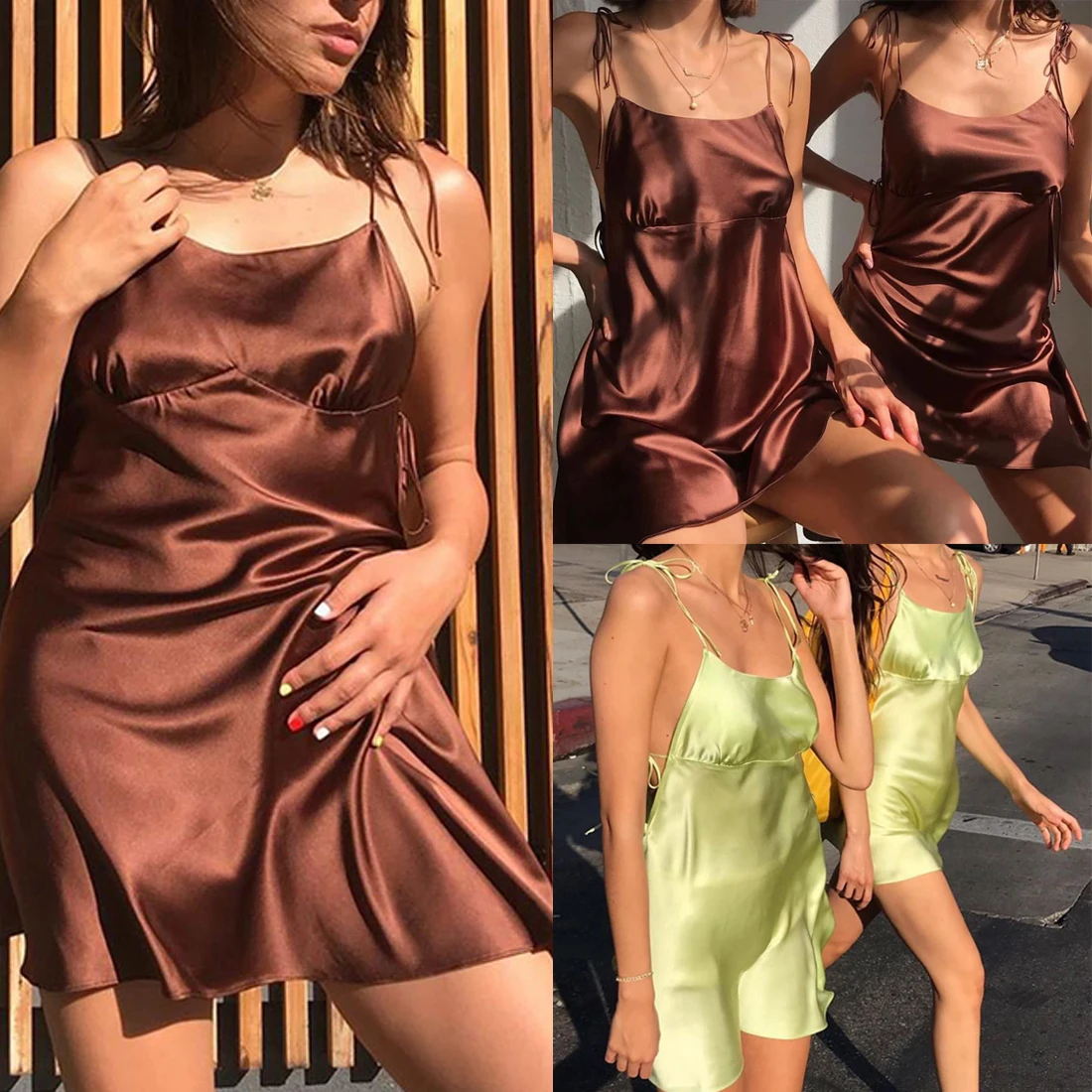 Sexy Satin Silk Dress Women Slip Dress Summer Beach Solid Short Mini Dress Sleeveless Sling Sundress Dresses Sexy Satin Silk Dress Women Slip Dress Summer Beach Solid Short Mini Dress Sleeveless Sling Sundress Dresses