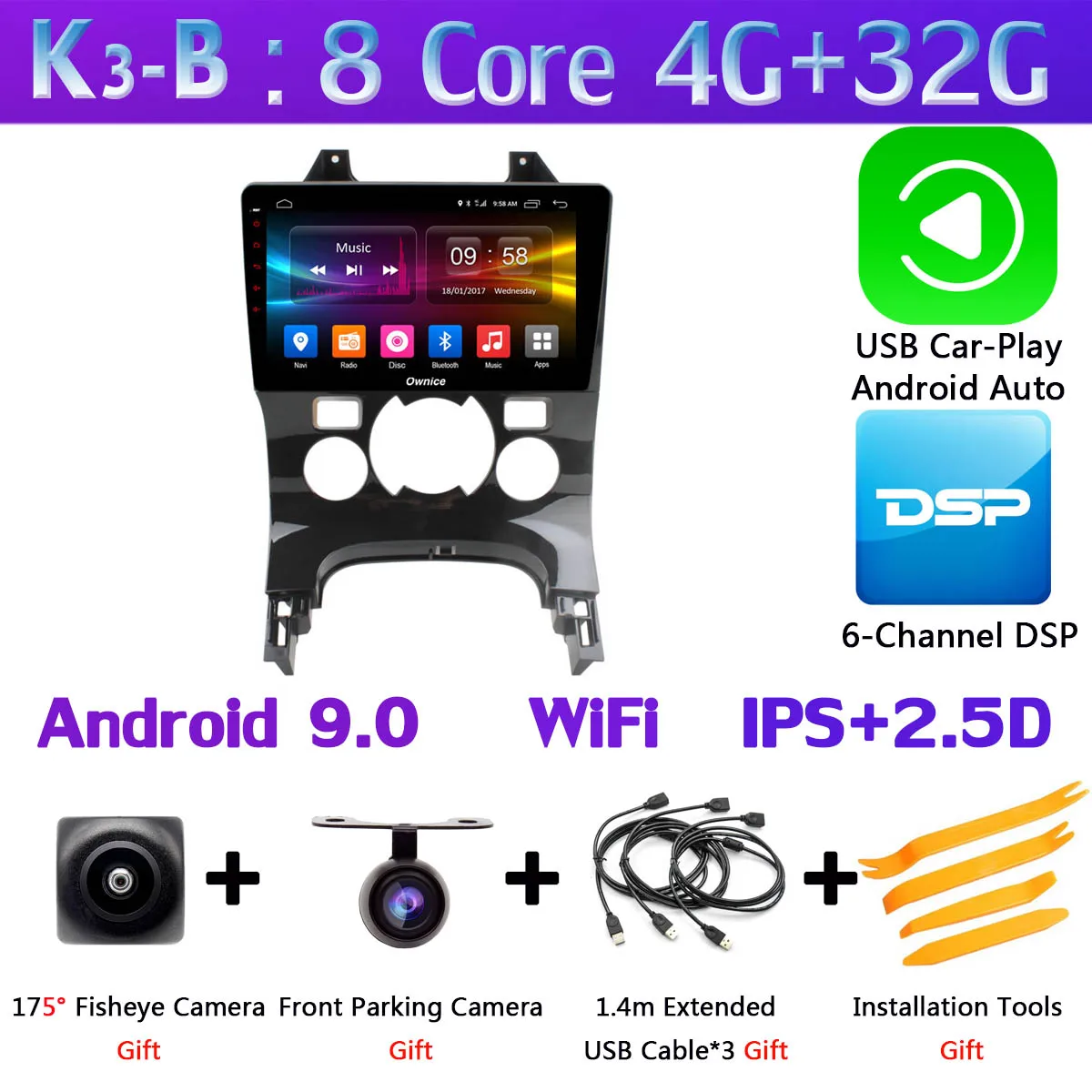 360 ° панорамный 4 × камера 4G LTE Android 9,0 8 ядер 4+ 64G SPDIF DSP CarPlay Автомобильный плеер для peugeot 3008 2013- gps радио - Цвет: K3-B-CarPlay