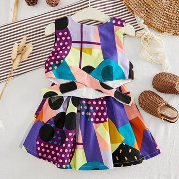 

2019 Summer Girls Sets New Children's Clothing Girls Fashion Cotton Linen Graffiti Waist Vest Top + Sweet Skirt Suit