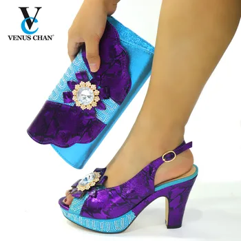 

Fashion Women Summer Autumn Skid-proof Square Toe Shoe 2020 African Style Pretty Women Shoes and Bag Set Crystal Heels Slides