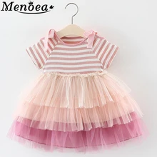 Menoea/одежда; платье; коллекция года; Летнее Детское платье в полоску без рукавов с бантом; милые детские Вечерние платья из сетчатой ткани; Одежда для маленьких девочек; бальное платье