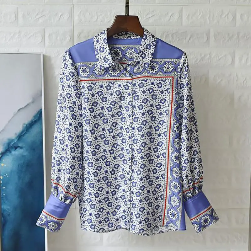 

Red RoosaRosee Designer Autumn Silk Blouse For Women Vintage Flower Print Office Lady Top Fashion Long Sleeve Shirt Clothes New