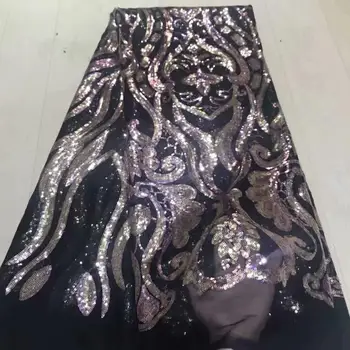 

2019 Latest African Net Lace Fabric, High Quality 3d Sequins Nigerian Wedding Lace Fabrics 5Yards Sequins French Tulle lace