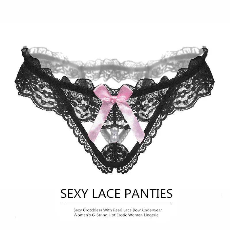 Cute Seamless Sexy Crotchless Pearl Black Lace Bow Underwear Women's G-String Hot Erotic Women Lingerie Thongs Briefs | Женская