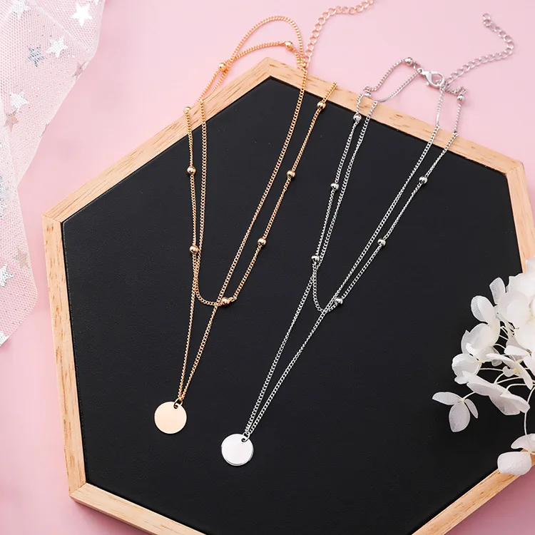 

Versatile Double Layer Wafer Necklace Women's Choker Simple Japanese Korean round Pendant Short Necklace Necklace Neck Accessori