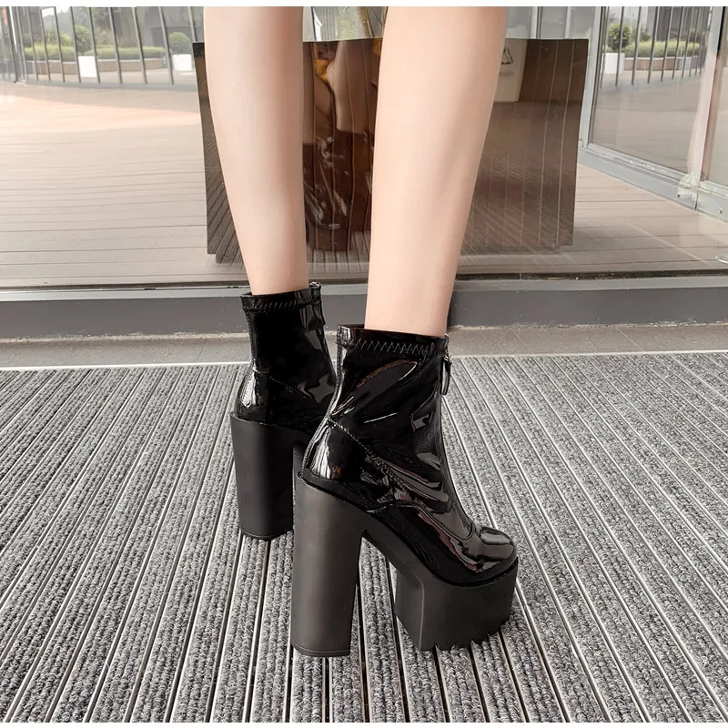 Patent leather Women Motorcycle Boots 14cm Ultra high heels Platform Wedges Zip Ankle boots Autumn Winter Martin boots Shoe