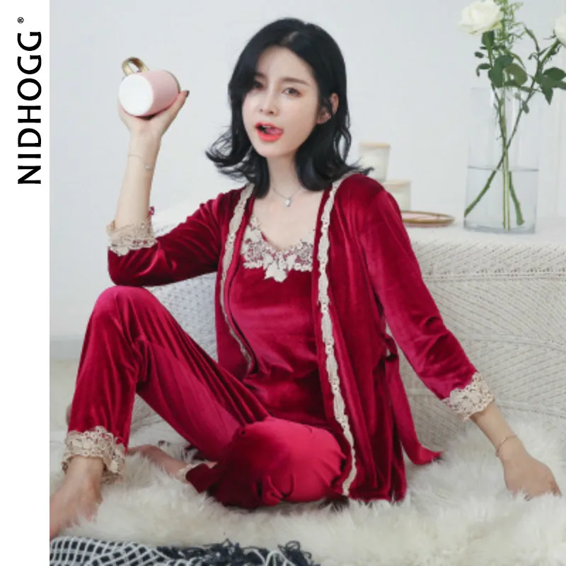 

2020 Velvet Pajamas for Women Winter Sleepwear Set 3 Pieces Warm Sexy Lace Sling Nightdress Homewear Plus Size Oneies Wholesale