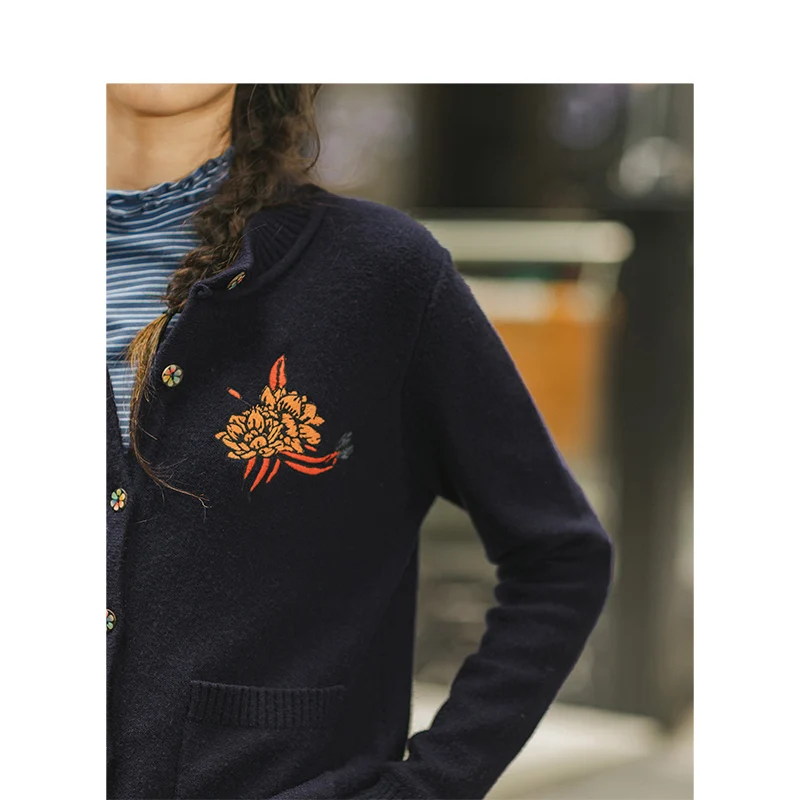 Billig INMAN 2019 Herbst Neue Ankunft Ribbing Oansatz Stickerei Literarischen Alle Abgestimmt Tiefe Blau Retro Frauen Strickjacke