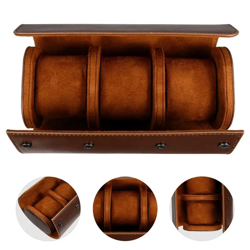 NICERIO Travel Watch Case PU Watch Box 3 Slots Storage Organizer Bracket Holder for Travel Business Trip (Brown)