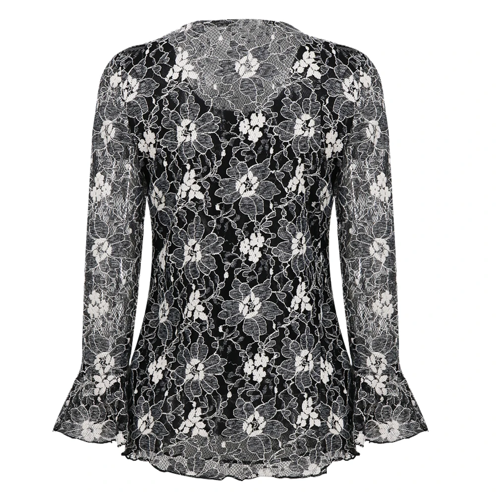 Yitonglian Women\'s Elegant Delicate Silver Floral Lace Flare Sleeve Loose Blouse Plus Size Tops for Party Business H415B