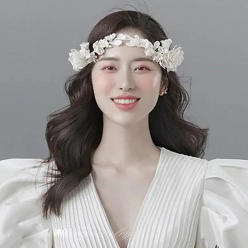 Beige Petal flower Garland Hair Hoop Tiara Bride Wedding Hairbands hair accessories