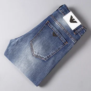 

European and American cross-border authentic men's jeans men's elastic pants slim kittens need light color pants trend