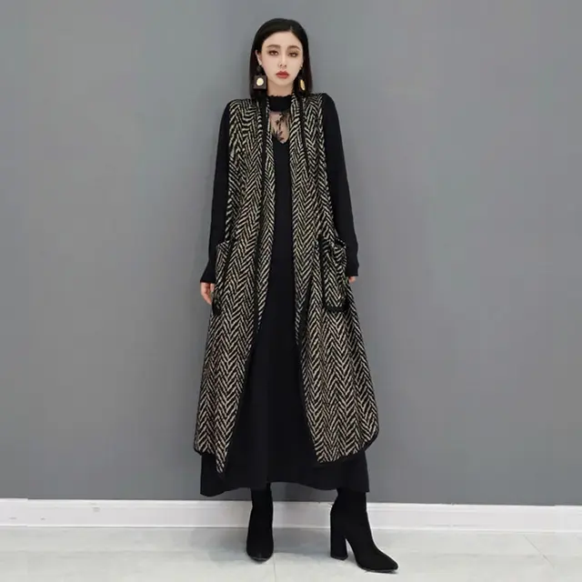 XITAO Single Breasted Striped Vests Coats Women 2021 Autumn Personality Fashion Looseturn-down Collar Sleeveless Vests GWJ0863 gray GWJ0863