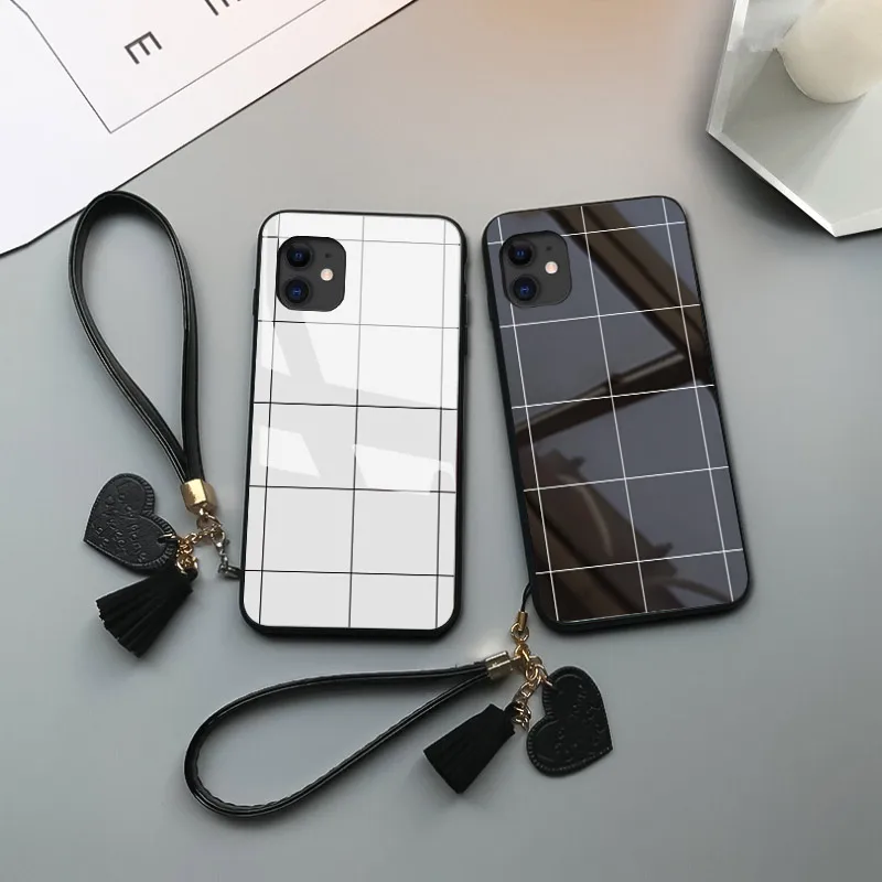 Минималистичный чехол для iPhone 11 Pro Max сетка сердце любовь узор закаленное стекло