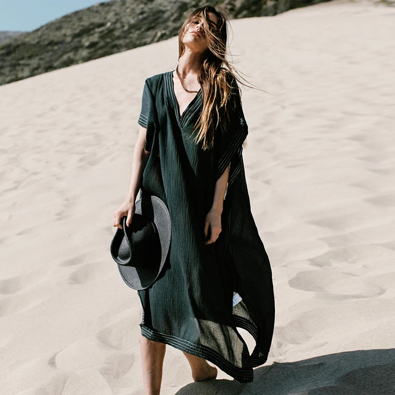 2022 Long Beach Cover up Pareos de Playa Mujer Wear Plus size Bikini Robe Plage Sarong Black Tunic #Q701 | Женская одежда