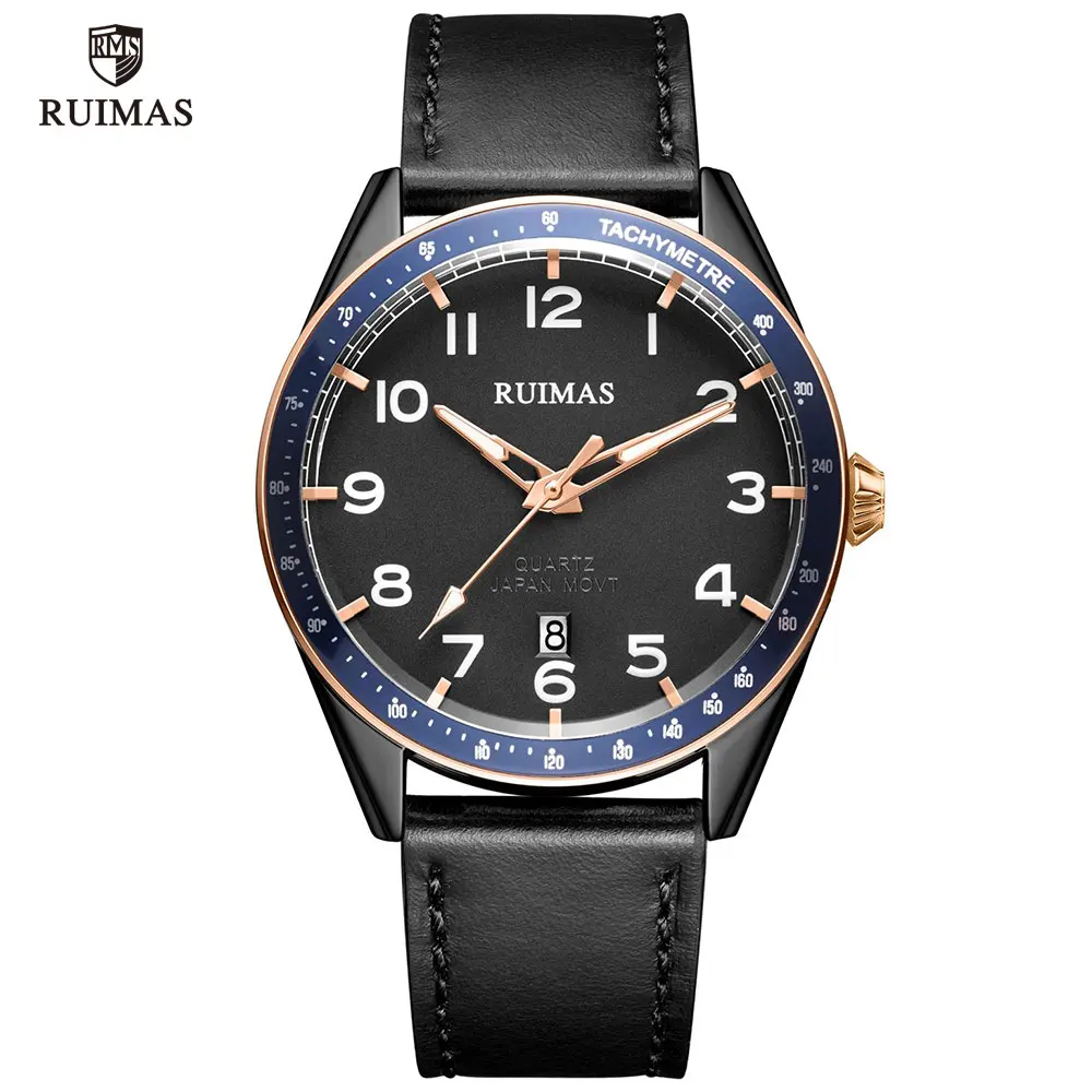 RUIMAS коричневые кожаные кварцевые часы Роскошные спортивные наручные часы в стиле милитари Мужские Простые Водонепроницаемый наручные часы Relogios Masculino часы 573 - Цвет: RL573G-Black blue