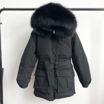 

Real Natural Fur Collar 2019 Winter Women Slim Jackets 90% White Duck Down Jacket Hooded Long Down Parkas Female Thick Outwear