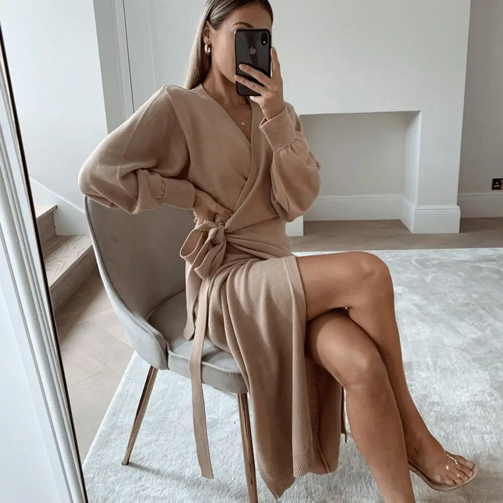 Women Knit Sweater Casual Lace-up Long Skirt For Ladies Solid Color Slim Long One Piece Dress Casual Full Sleeve Clothing 1