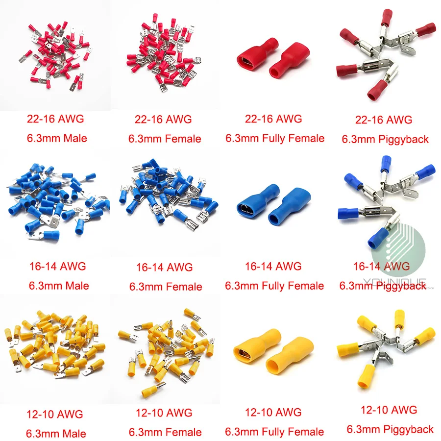 100 PK полностью изолированные концевые наконечники для женщин и мужчин электрический соединитель обжимные клеммы 6,3 мм провода наконечники 22-10 AWG