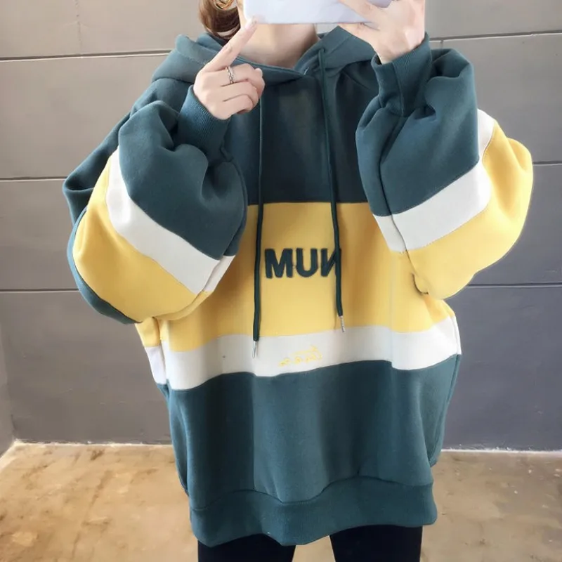 Плюс бархатные толстовки для женщин Повседневный корейский свитшот с буквенным