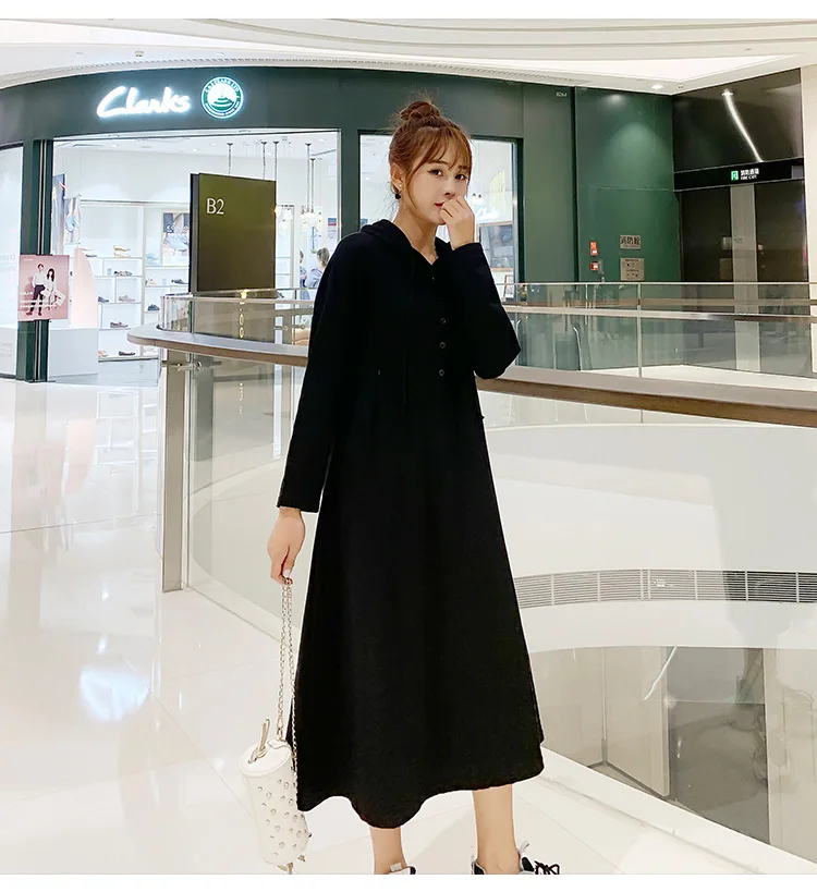 Korean style loose casual maternity nursing dress for pregnant women breastfeeding dress long sleeve hooded feeding dress