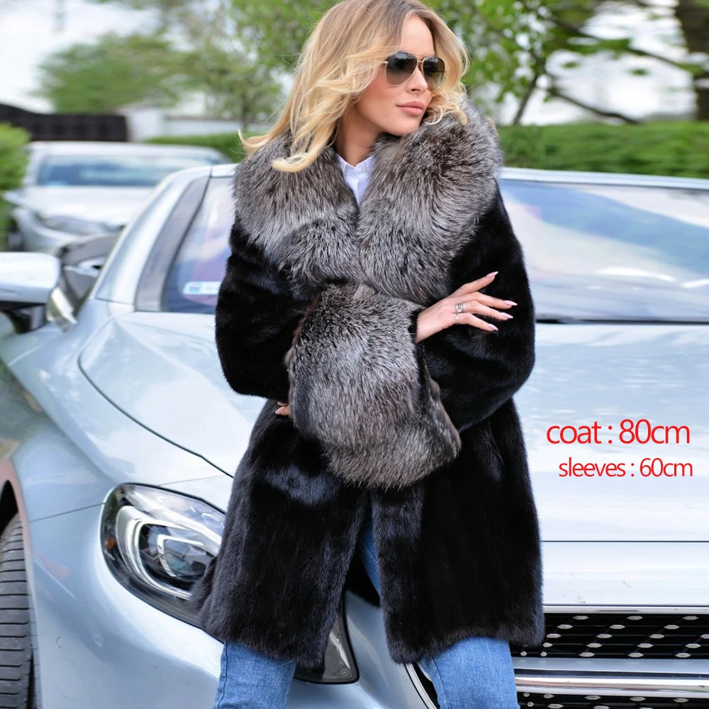 80cm long black New Winter Real Mink Fur With Fox Fur Collar cuff Coats Style Women Genuine Full Pelt Winter Warm Elegant Female Jacket - Color: 80cm long black