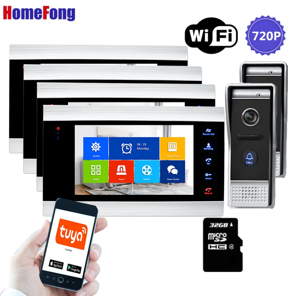 [Wide Angle 100001101]Homefong 720P Wifi Video Door Phone Intercom System 4 Monitors Call Transfer Mobile Phone Talk Unlock Record