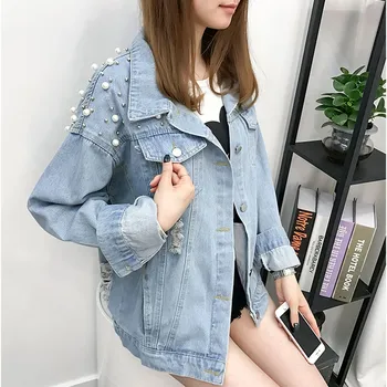 

Solid Turn-down Collar Jean Jacket for Women Button Long Sleeve Pearl Beading Denim Open Front Jean Jacket Overcoat Coats 30