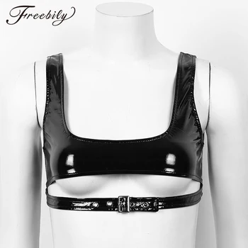 

Women Patent Leather Pole Dance Crop Top Sleeveless Cut out Adjustable Buckled Front Female Nightclub Rave Party Sexy Tank Tops
