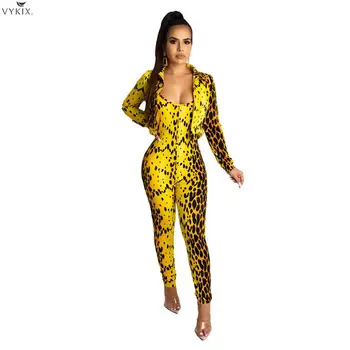 

Women Set Yellow Leopard Print Two Piece Set Long Sleeve Short Jacket Coat Top Spaghetti Straps Jumpsuit Fashion Sexy Track Suit