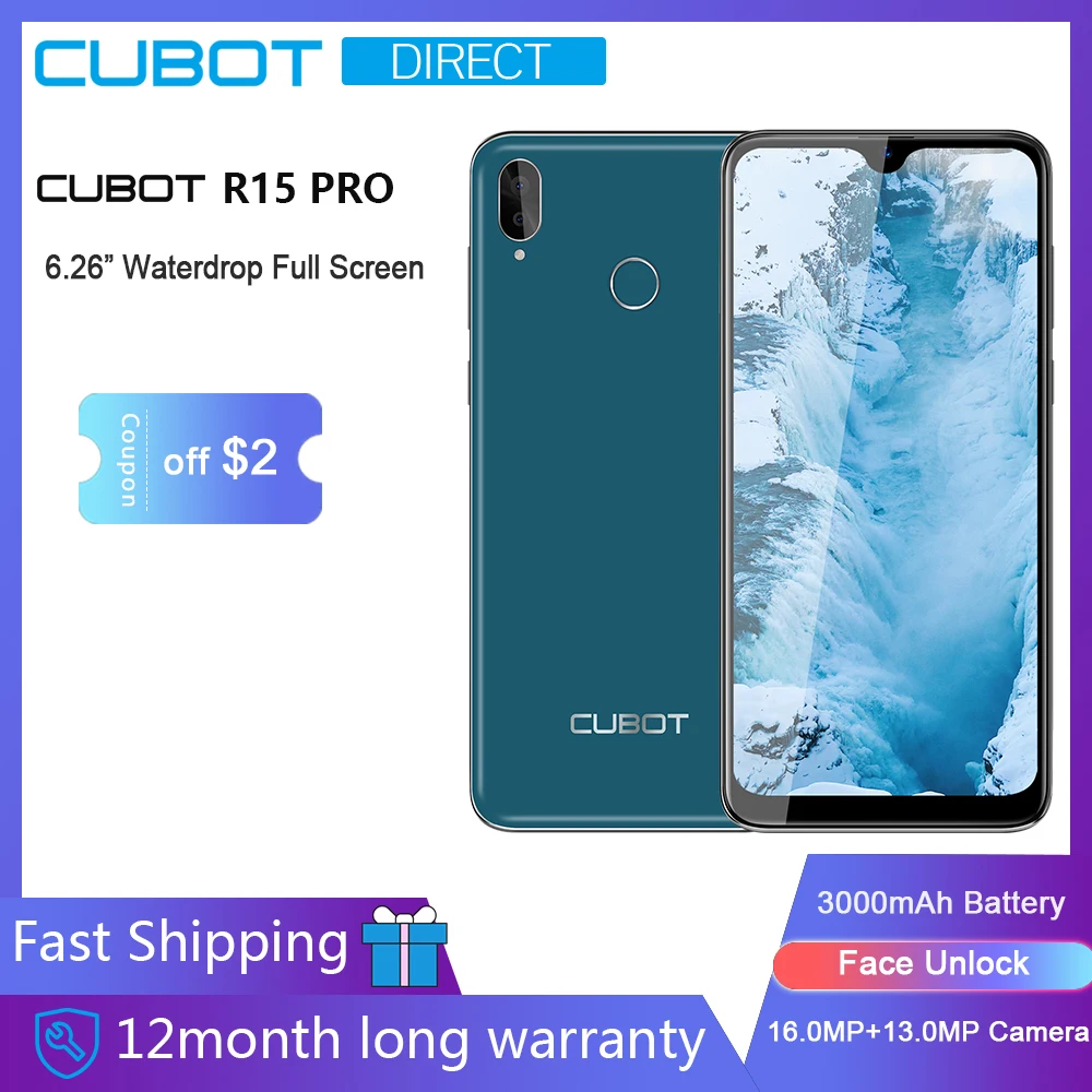 

Cubot R15 Pro Smartphone 6.26" Waterdrop Full Screen 3GB+32GB Android 9.0 Pie Dual Camera 16MP Face ID Cellura 4G LTE 3000mAh