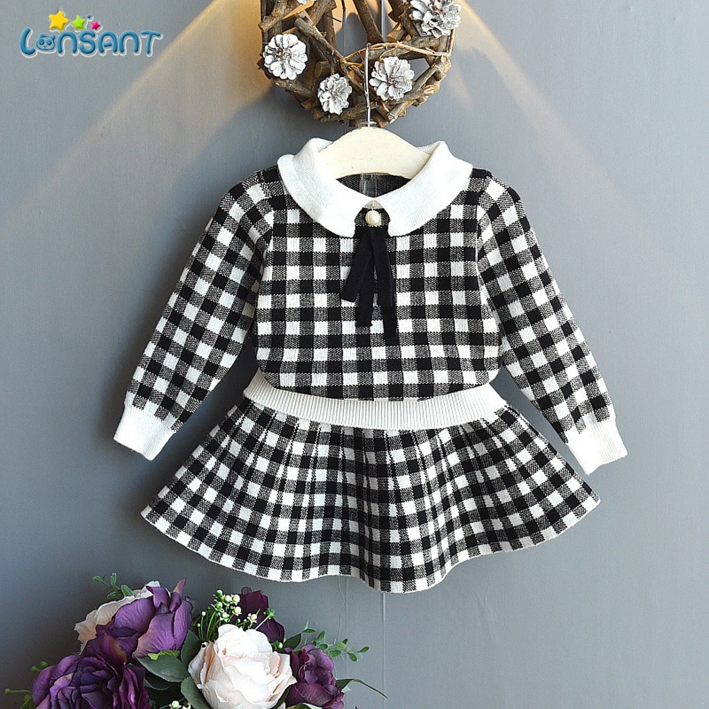 

LONSANT Baby Girl Clothes Female Baby Sweater Set Children Plaid Knit Suit Sweater Girls Warm Sweater Skirt two-piece N30