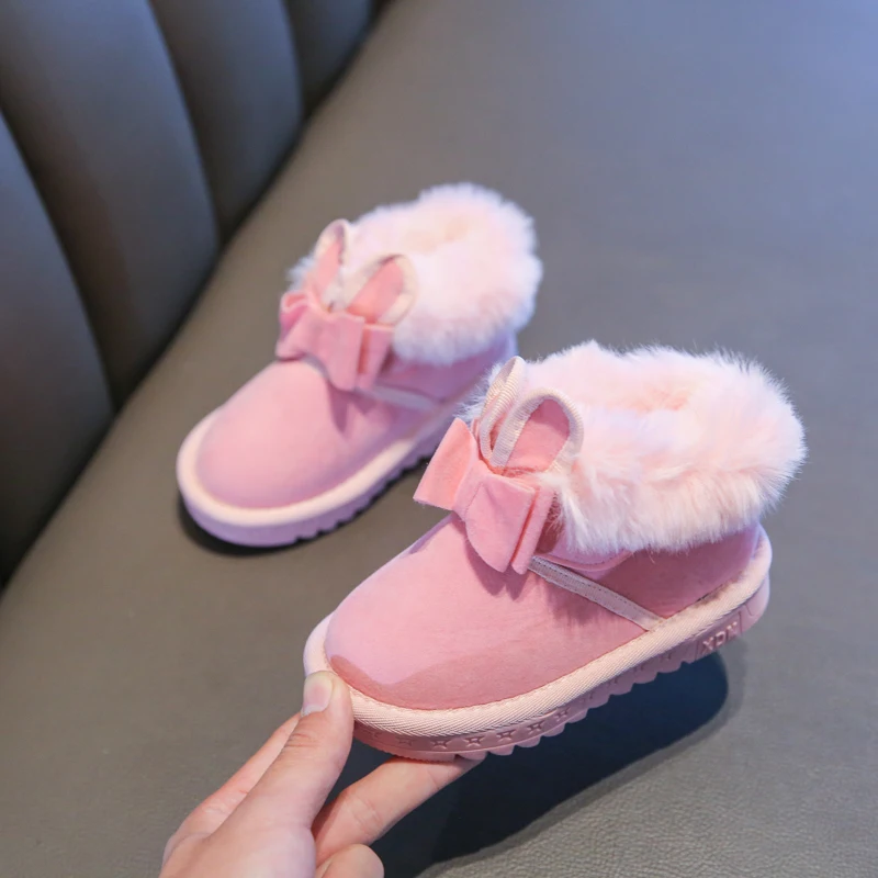 Модные меховые зимние ботинки с бантом для детей 1-6 лет; зимняя обувь для девочек; детские зимние ботинки; кожаные ботинки для детей; Нескользящие Детские ботинки принцессы