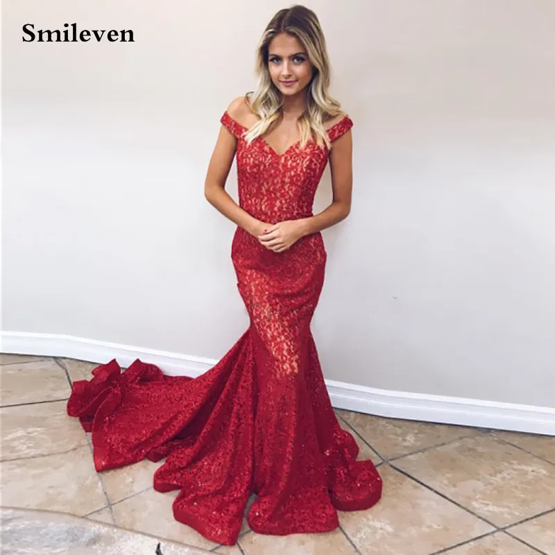 

Smileven Sexy Lace Mermaid Evening Dress Off The Shoulder Sleeveless Formal Party Dress Longo Real Photo Vestido de Festa
