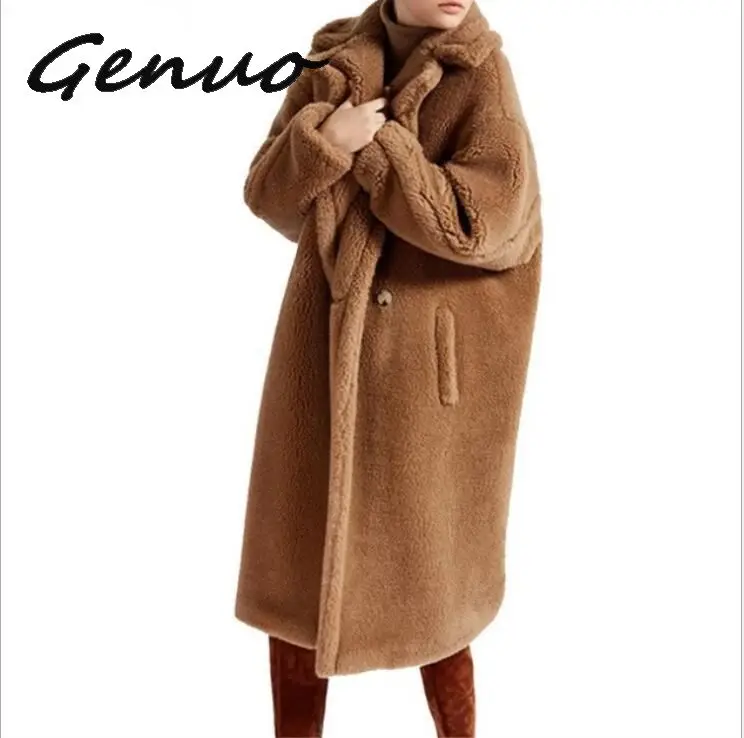 Genuo, новинка, пальто с длинным рукавом, овечья шерсть, зимнее шерстяное пальто, искусственный мех, утолщенная теплая длинная куртка, пальто, женская Свободная верхняя одежда