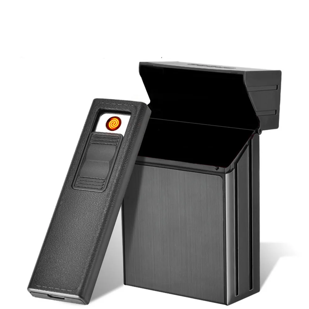 

2-in-1 Cigarette Case Box Lighter For Smoking Flameless Aluminum Alloy USB Rechargeable Lighter Windproof Lighter USB Charging