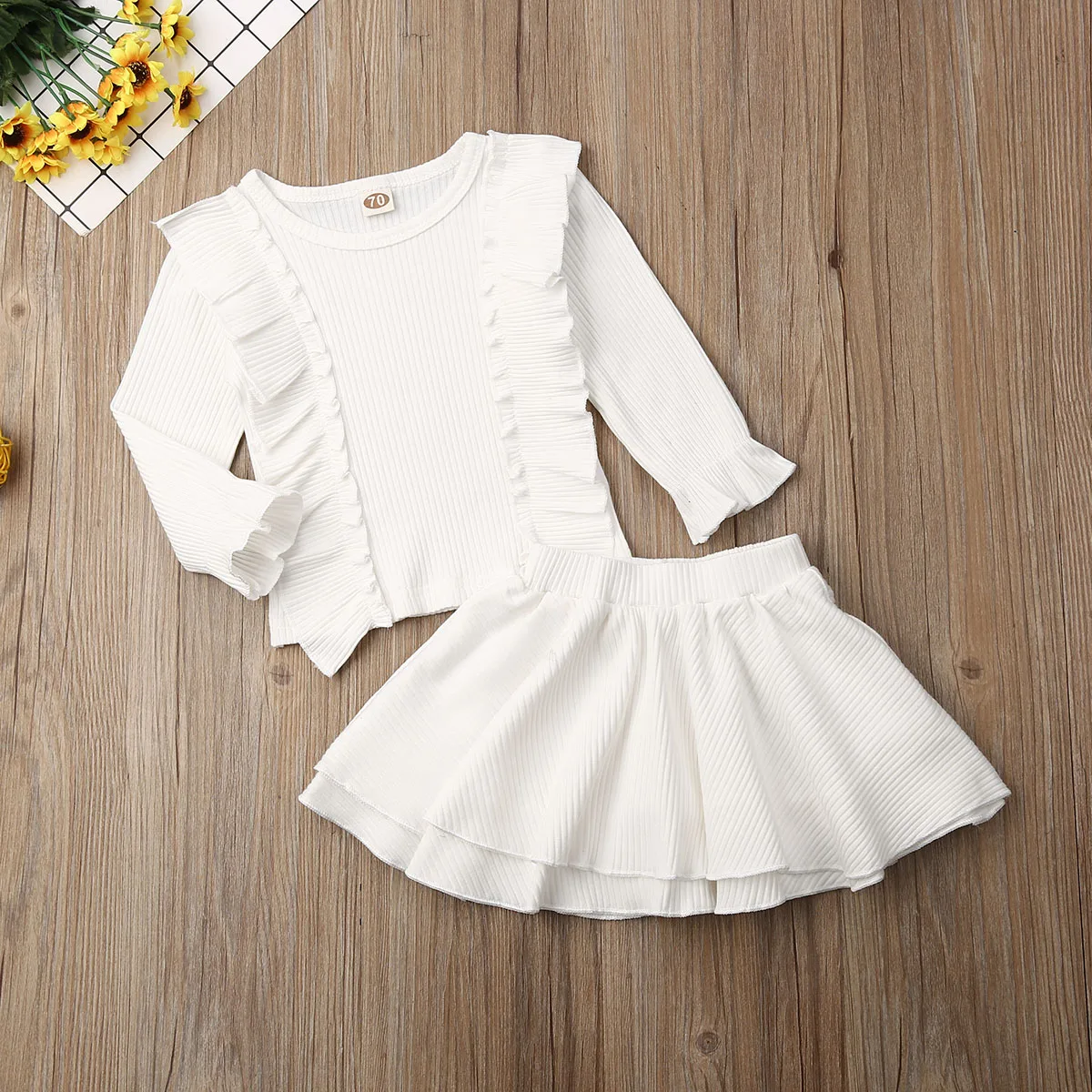 0-24M Cute Newborn Baby Girl Solid Color Long Sleeve Ruffles T-shirt Tops A-line Skirt 2PCS Outfits Baby Clothing Set