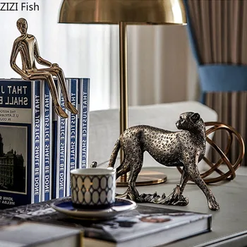 

Retro Leopard Statue Desk Decoration Imitation Copper Animal Sculpture Resin Figurines Crafts Ornaments Rustic Home Decor