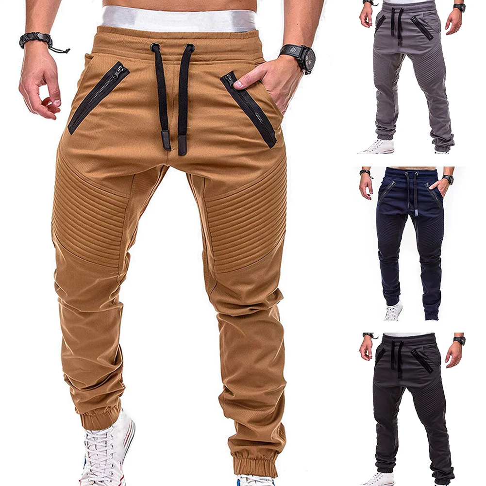 cargo sweatpants Men's Track Pants Slim Trousers Sport Tracksuit Men Fashion Drawstring Zip Strips Pockets Ankle Tied Long Pants Sports Trousers black sweatpants