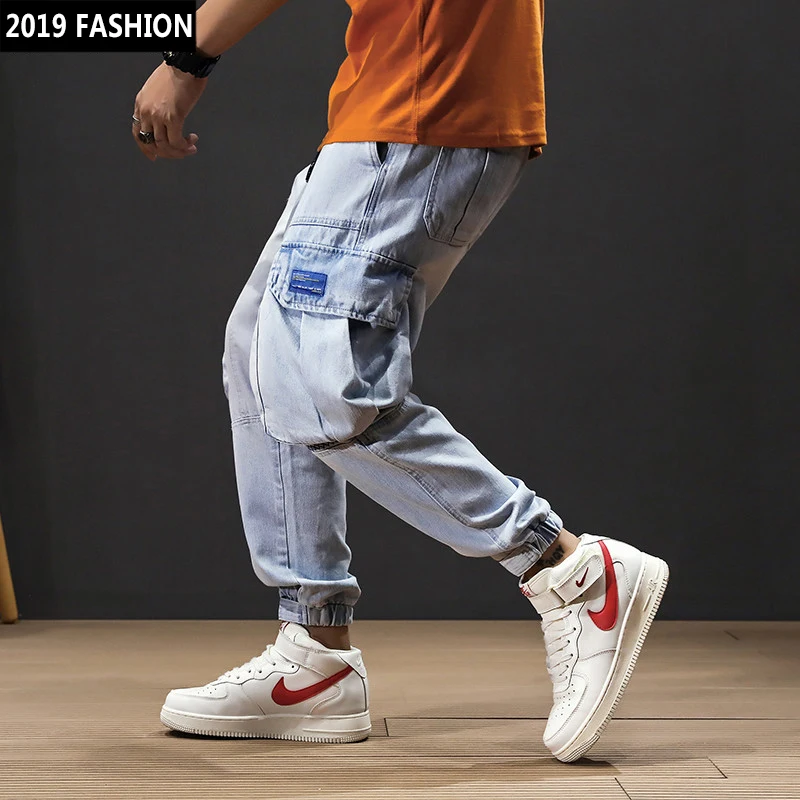 American Streetwear Fashion Men Jeans Light Blue Big Pocket Denim Cargo Pants Loose Fit Elastic Waist Hip Hop Joggers Jeans Men