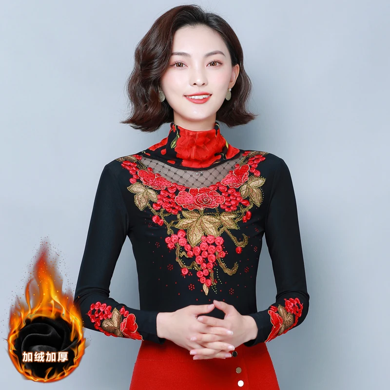 Dingaozlz, L-7XL, зима, новинка, вышитая рубашка, водолазка, толстая, теплая, кружевная блузка, длинный рукав, плюс бархат, сетка, Женский Топ, плюс размер
