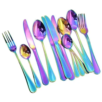 

16 Pcs Tableware Set Colorful Romantic Dinner Set Rainbow Flatware Set