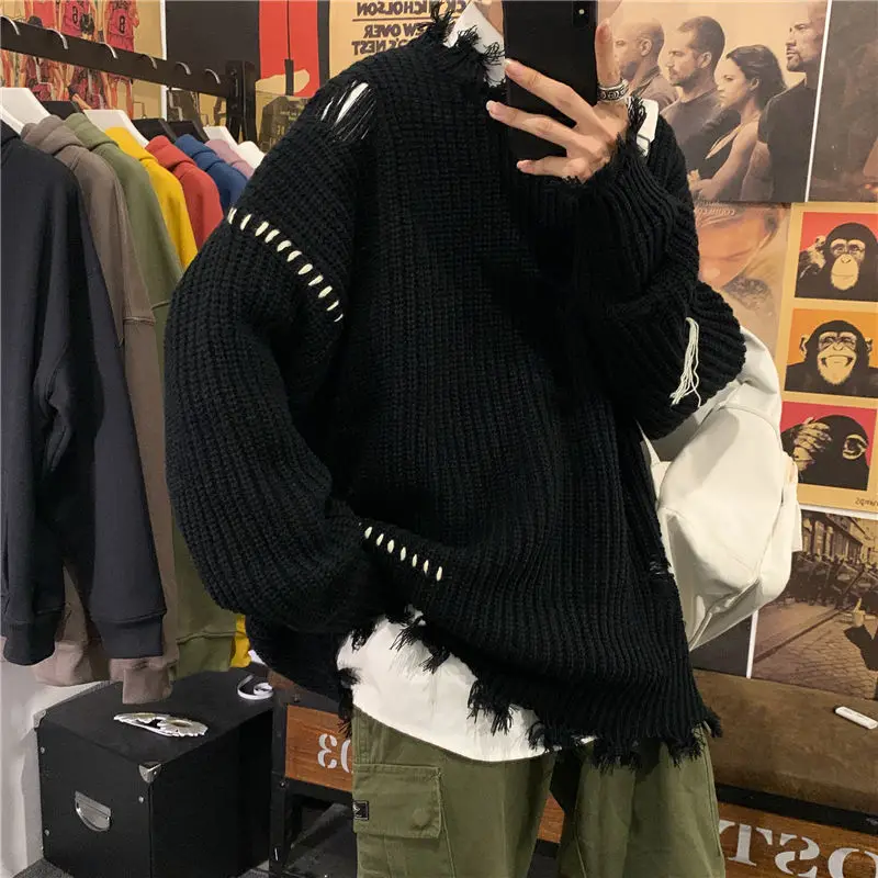 

2020 Autumn And Winter Men's New Solid Color Perforated Loose Sweater Fashion Casual Crew Neck Pullover Size M-2XL