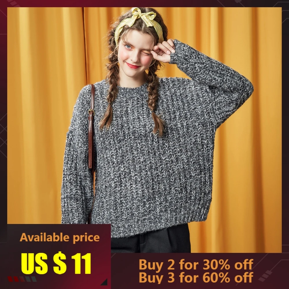 

METERSBONWE New Winter Female Sweater Long-Sleeved Sweater Casual Yarn Loose Solid Color Sweater
