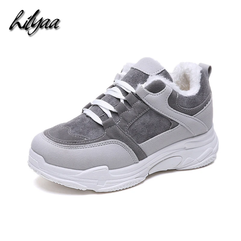 

HILYAA new fashion women warm platform sneakers PU leather fur Suede plush female ankle boots lace-up platform sneakers women