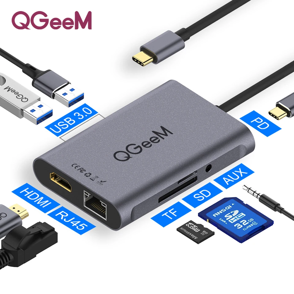 8 Ports HUB Alloy QGeeM USB C концентратор для Macbook Pro type C концентратор для HDMI USB 3,0 TF SD Мульти USB 3,1 концентратор адаптер для iPad Pro OTG Разветвитель USB C док-станция - Цвет: 8 Ports HUB Alloy
