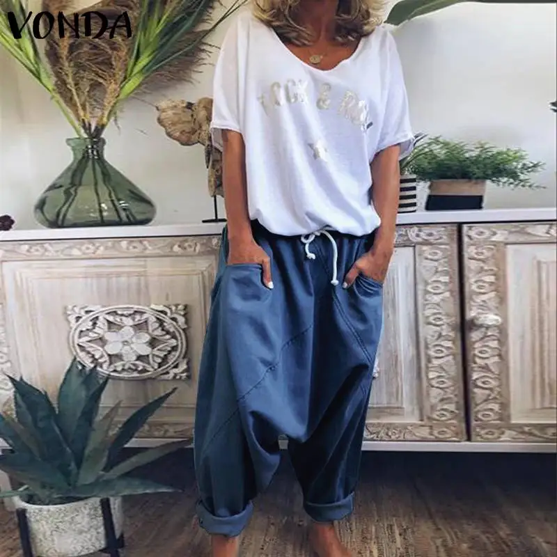 

VONDA Demin Harem Pants Women Casual Elastic Waist Loose Wide Leg Pants Female Party Trousers Plus Size Bottoms S-5XL